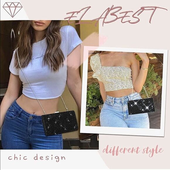 Black Crystal Purse with Crystals on Front and Back & silver detachable chain - Picture 2 of 5